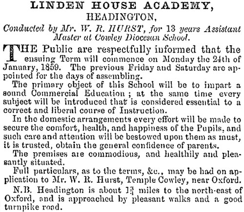 Advert introducing Linden House School in 1858