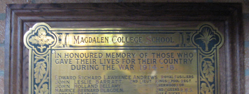Memorial in Magdalen College School with John Bellamy�s name